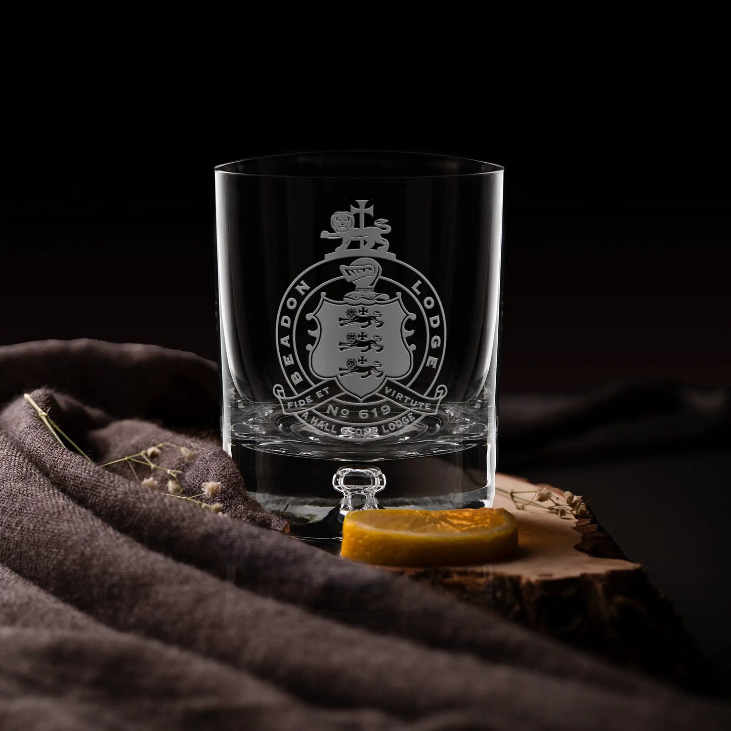 Hand-finished Masonic Lodge whisky glass with deep sandblasted engraving.