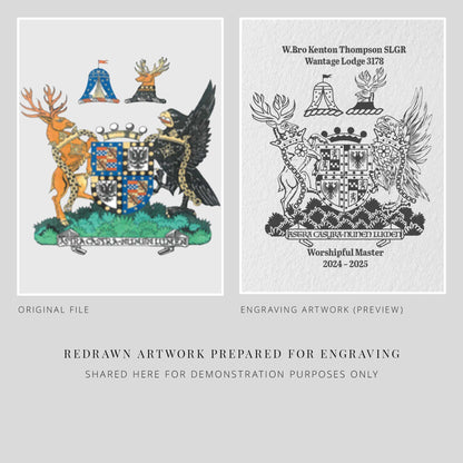 Comparison of an original file and engraving artwork for a coat of arms on a gray background.