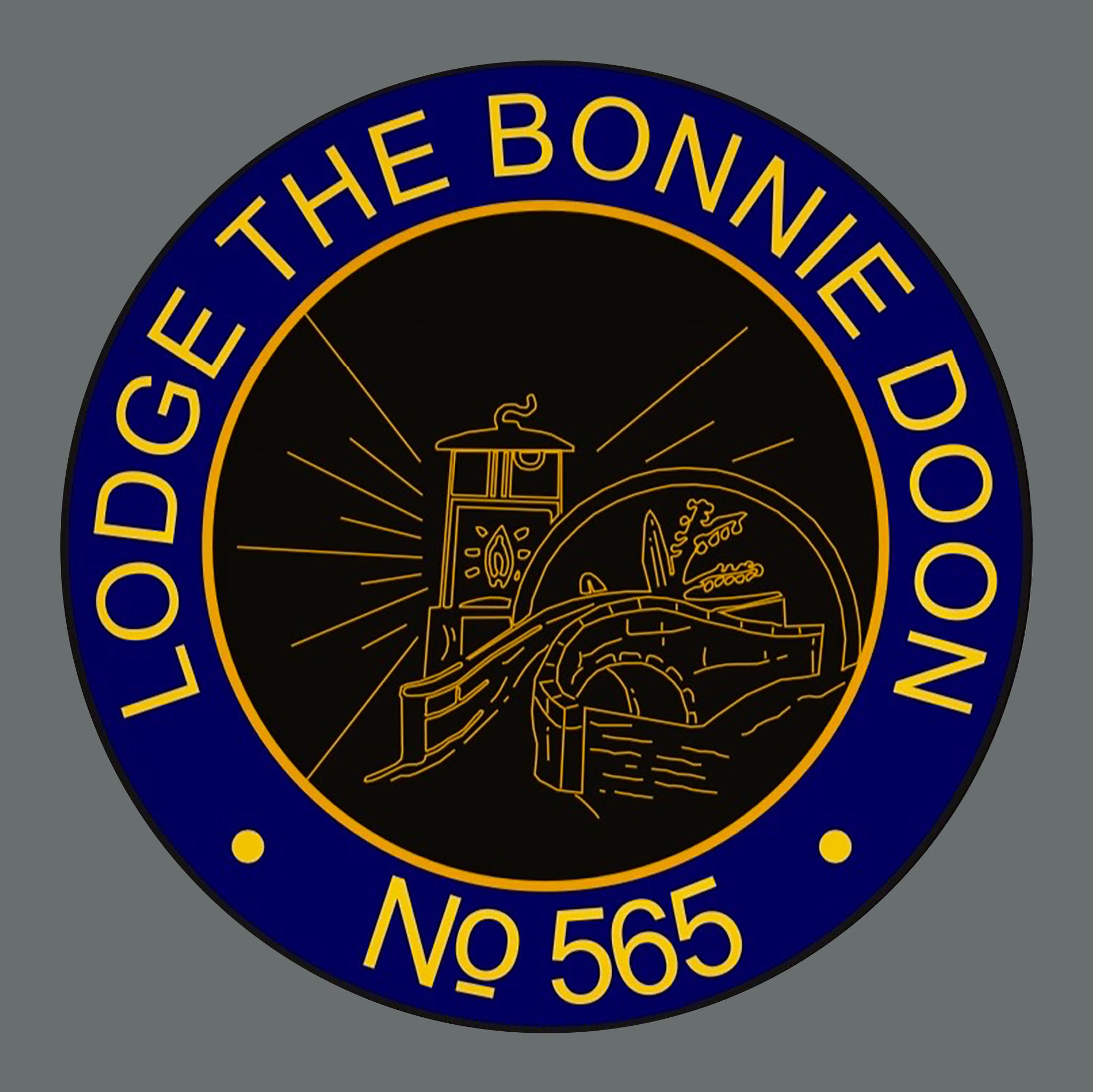 Circular masonic lodge logo with 'Lodge The Bonnie Doon No 565' text on a dark background