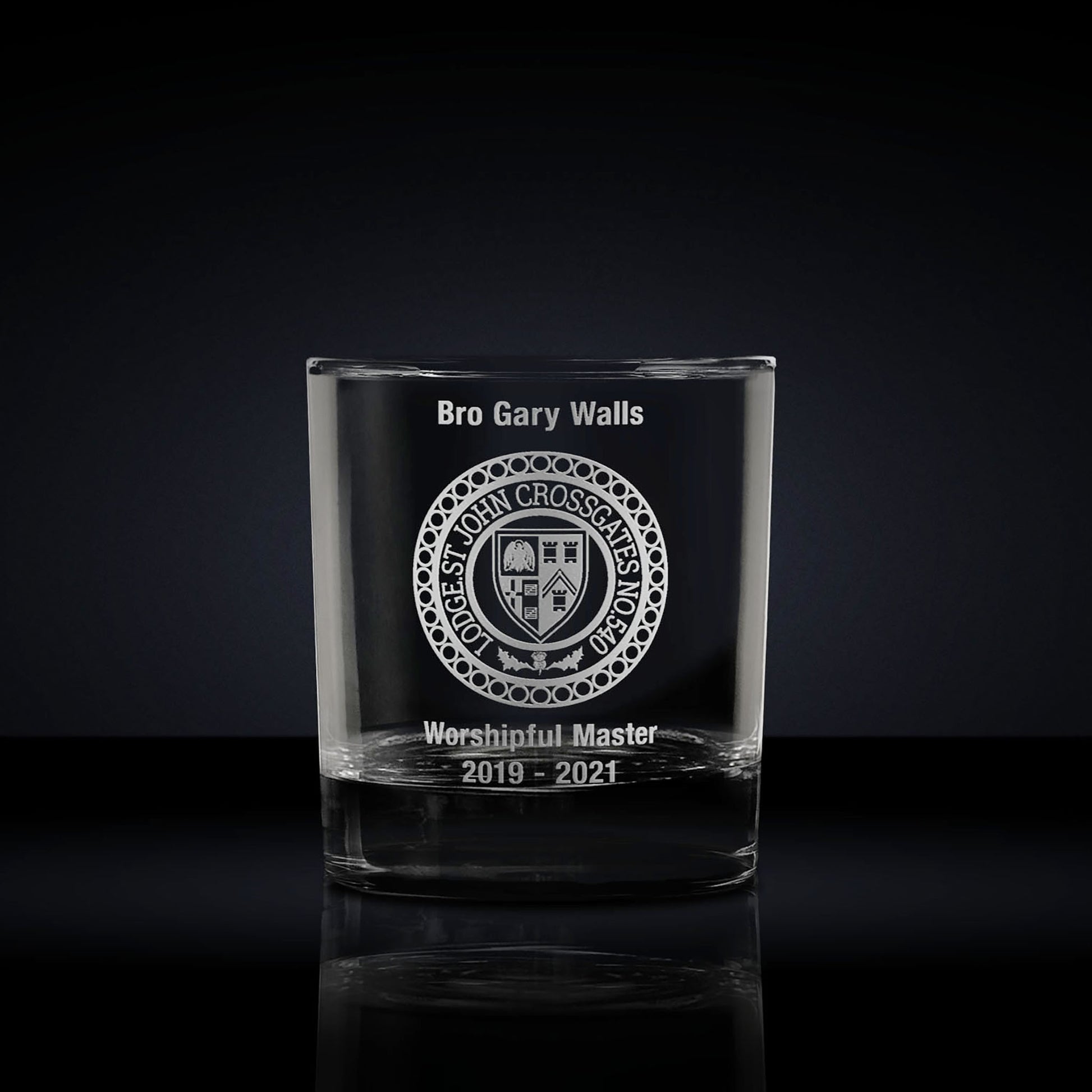 whisky glass engraved with a masonic lodge logo