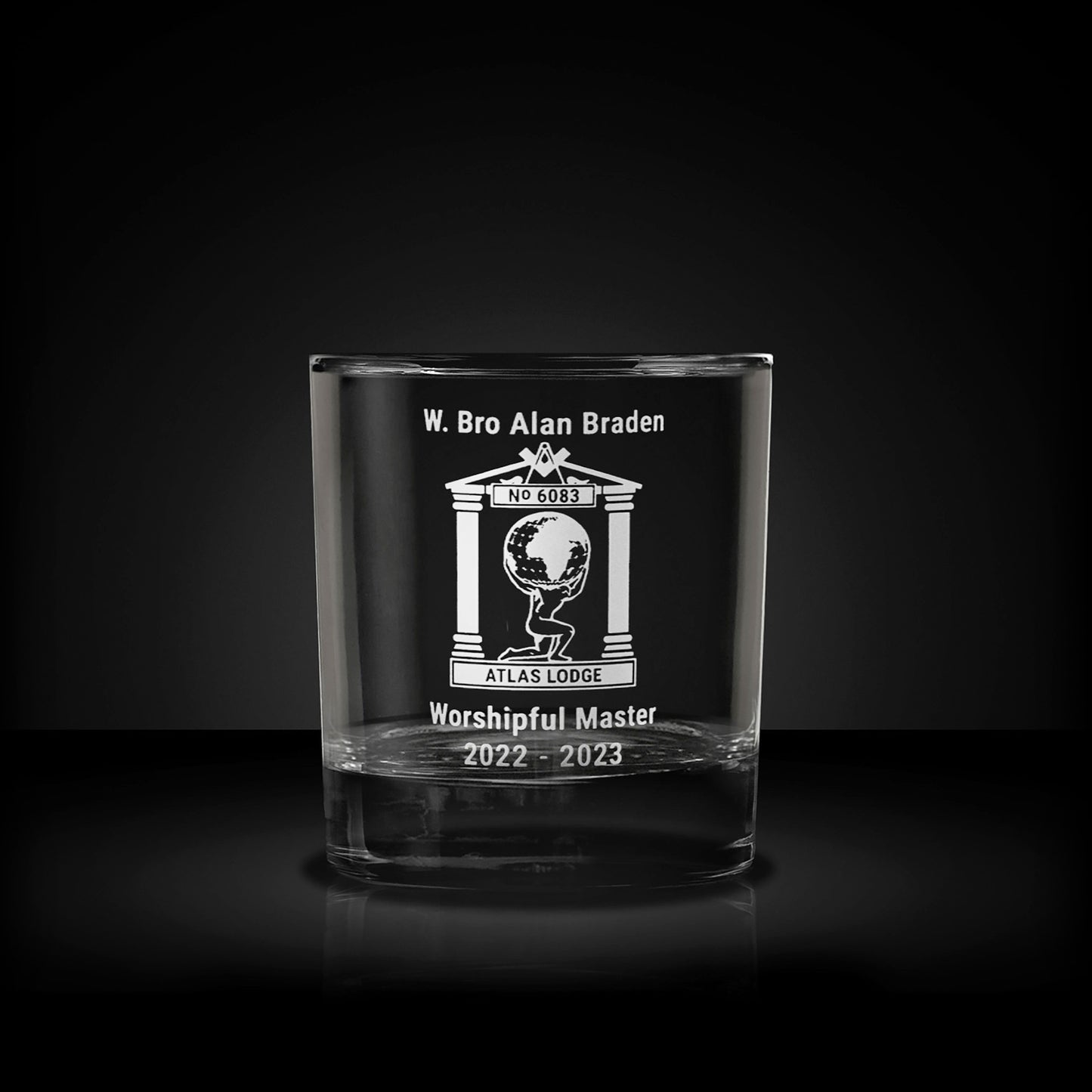 whisky glass engraved with a masonic lodge logo