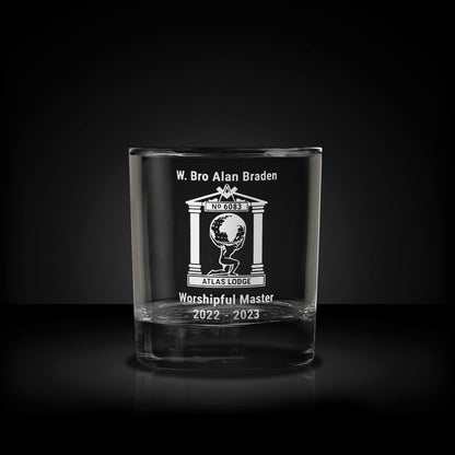 whisky glass engraved with a masonic lodge logo