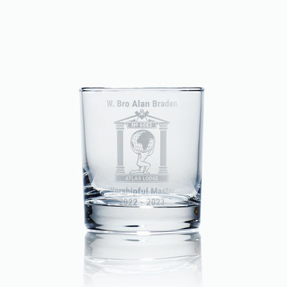 whisky glass engraved with a masonic lodge logo