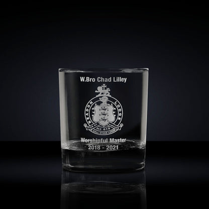 whisky glass engraved with a masonic lodge logo