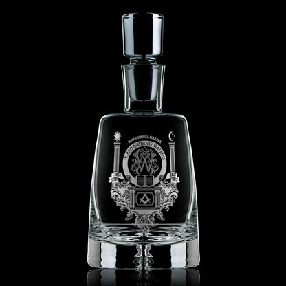 Worshipful Master Masonic Decanter, engraved with freemasonry symbols, square and compass, initials of recipeint and significant date
