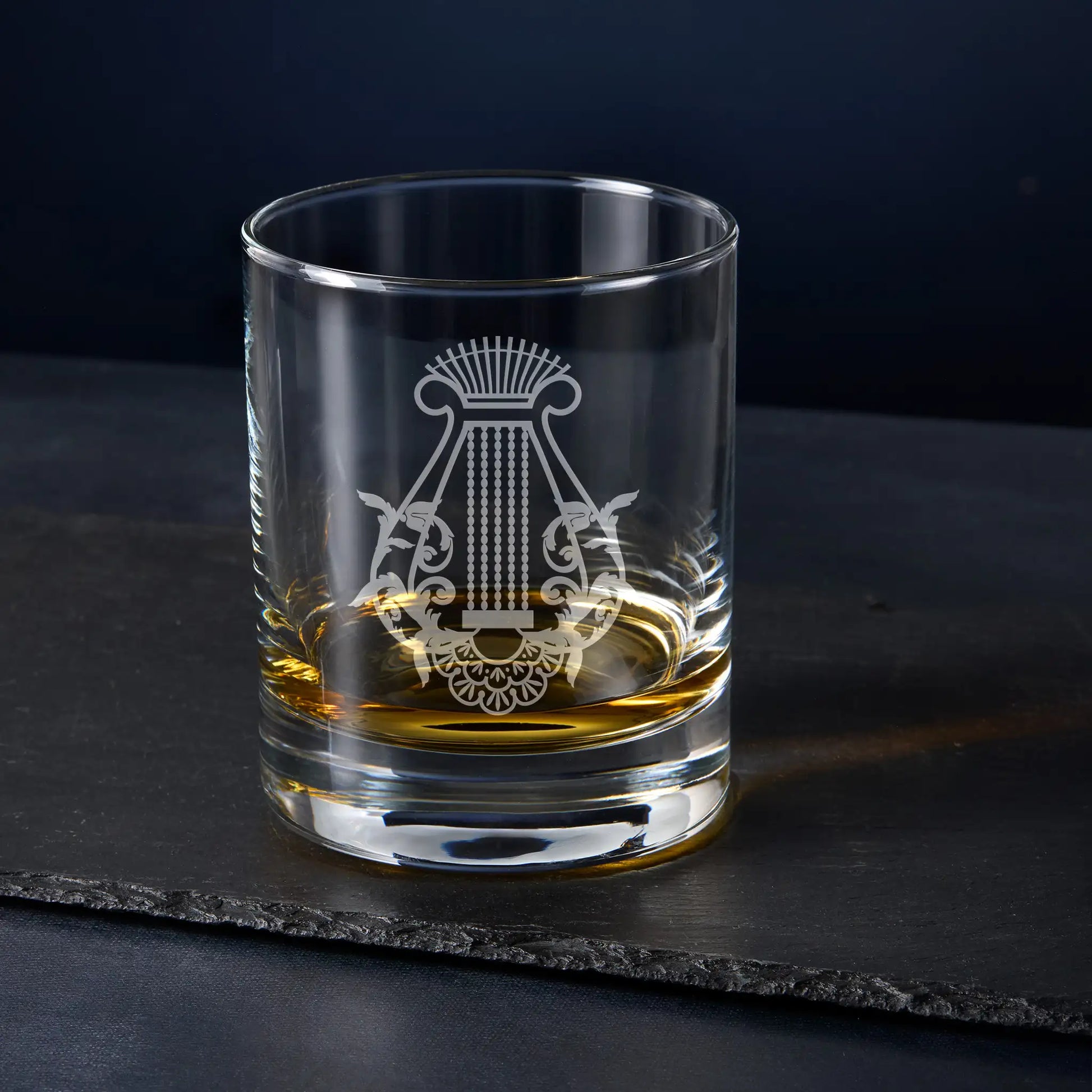 Masonic whisky glass engraved with Organist jewel – Craft Officer gift