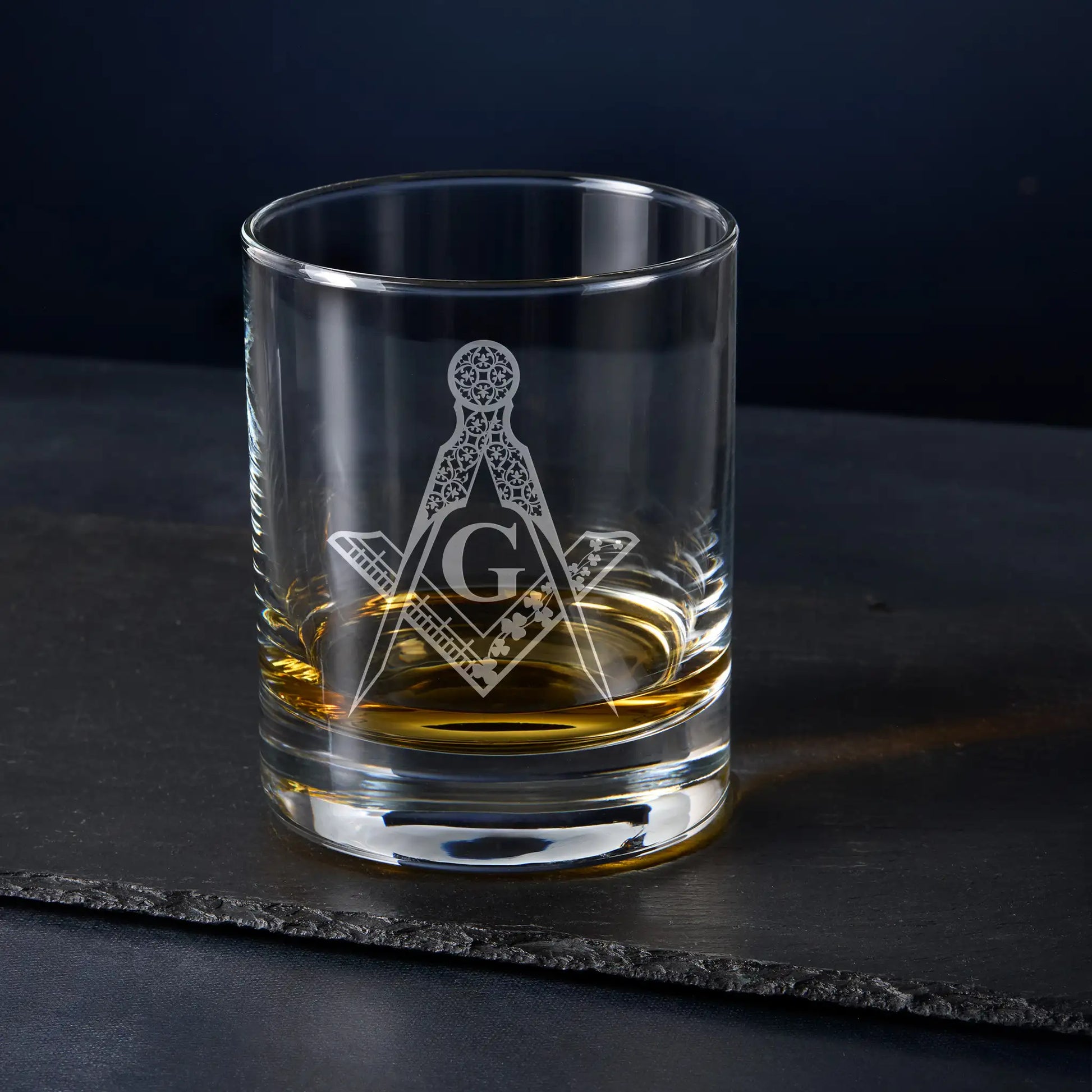 Irish Constitution Past Master collar jewel engraved on whiskey glass