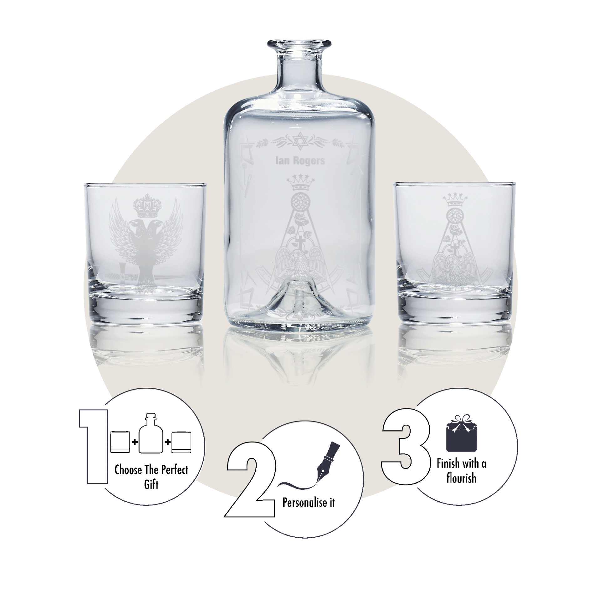 engraved whisky decanter gift set etched with rose croix and freemasonry symbols