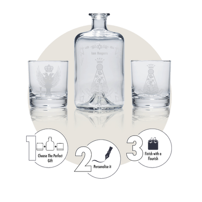 engraved whisky decanter gift set etched with rose croix and freemasonry symbols