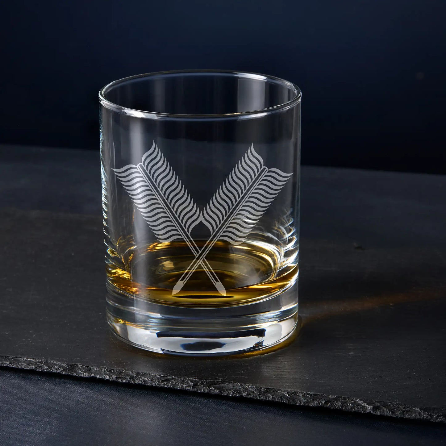 Whisky glass engraved with the Secretary craft officer collar jewel, Scottish Constitution