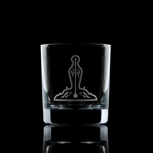 Senior Warden whisky glass engraved with Masonic collar jewel on dark backdrop