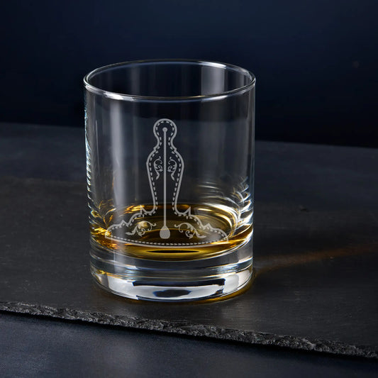 Senior Warden whisky glass engraved with Masonic collar jewel on dark backdrop