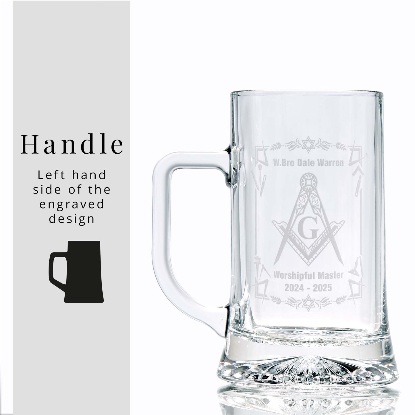 Personalised Freemason tankard with Square & Compass and lodge details, displayed on white background, handle to the left of design