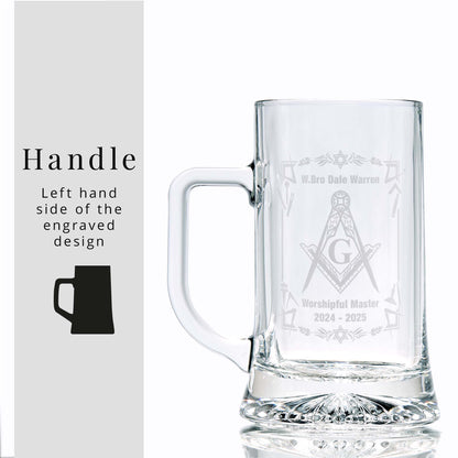Personalised Freemason tankard with Square & Compass and lodge details, displayed on white background, handle to the left of design