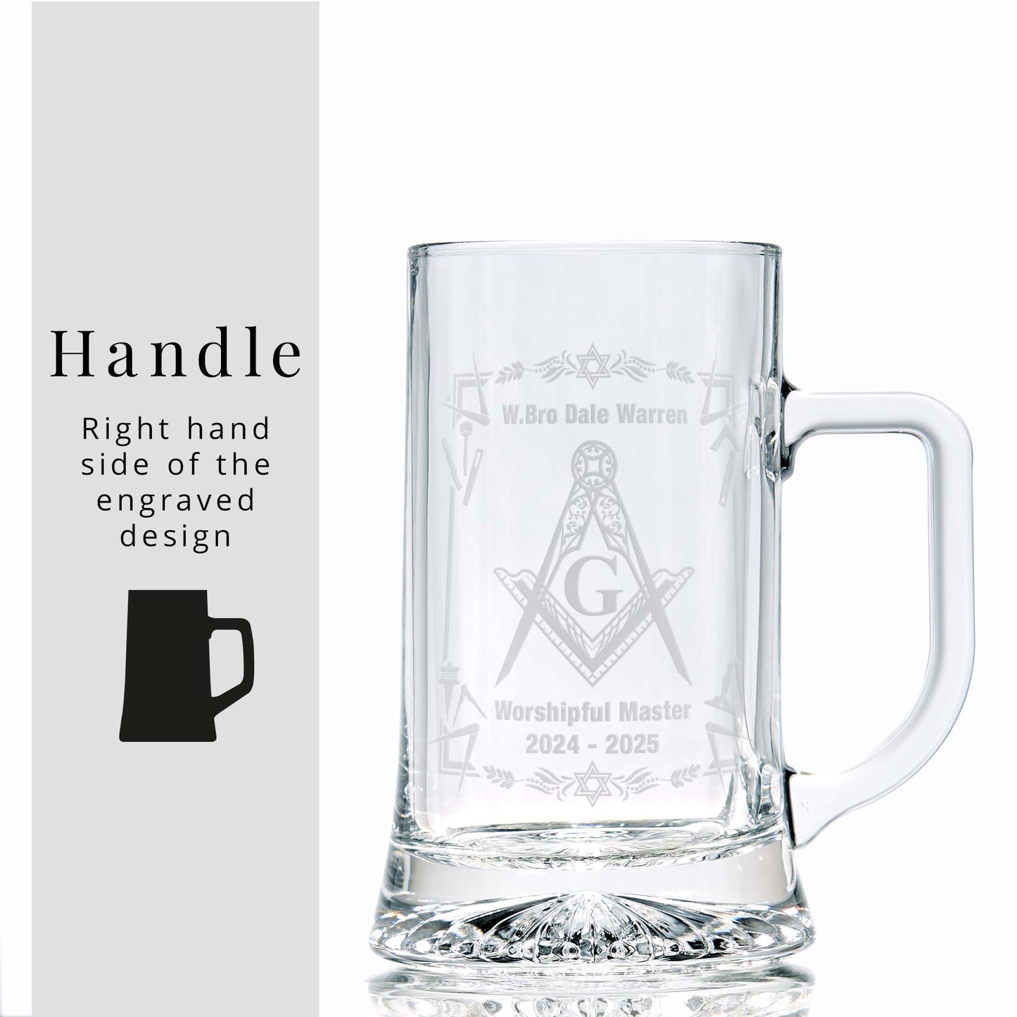 Personalised Freemason tankard with Square & Compass and lodge details, displayed on white background, handle to the right of design