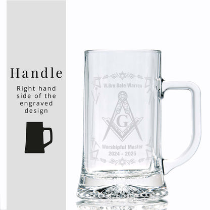 Personalised Freemason tankard with Square & Compass and lodge details, displayed on white background, handle to the right of design