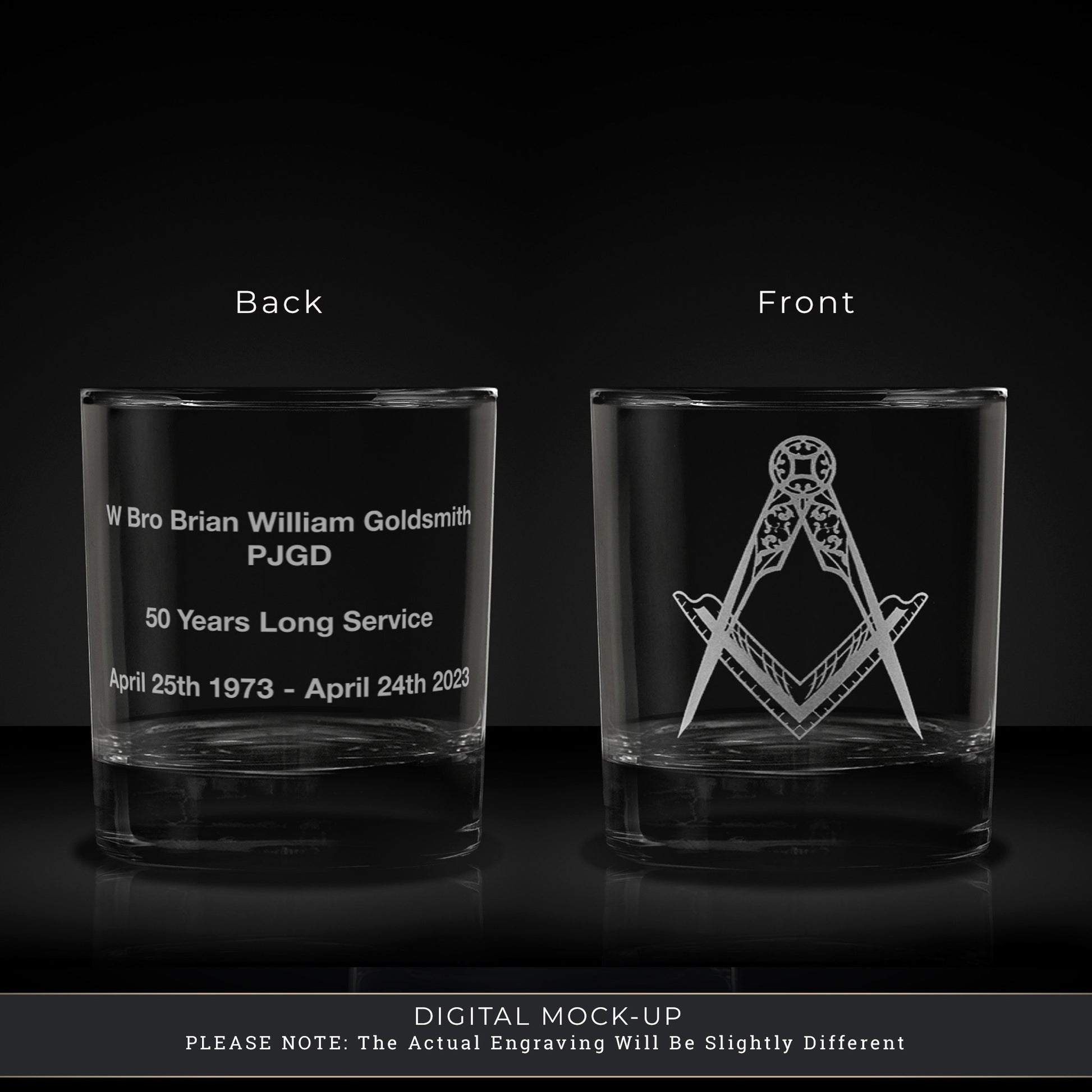 personalised engraved whisky glass etched with masonic square and compass