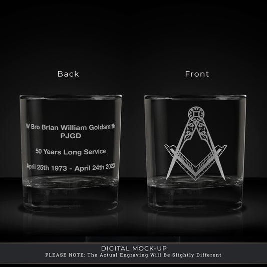 personalised engraved whisky glass etched with masonic square and compass