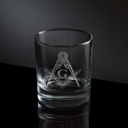 engraved whisky glass etched with masonic square and compass