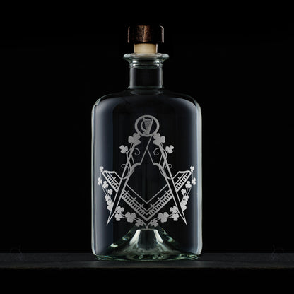 Irish Masonic decanter engraved with Square & Compass, harp, and shamrocks on black background