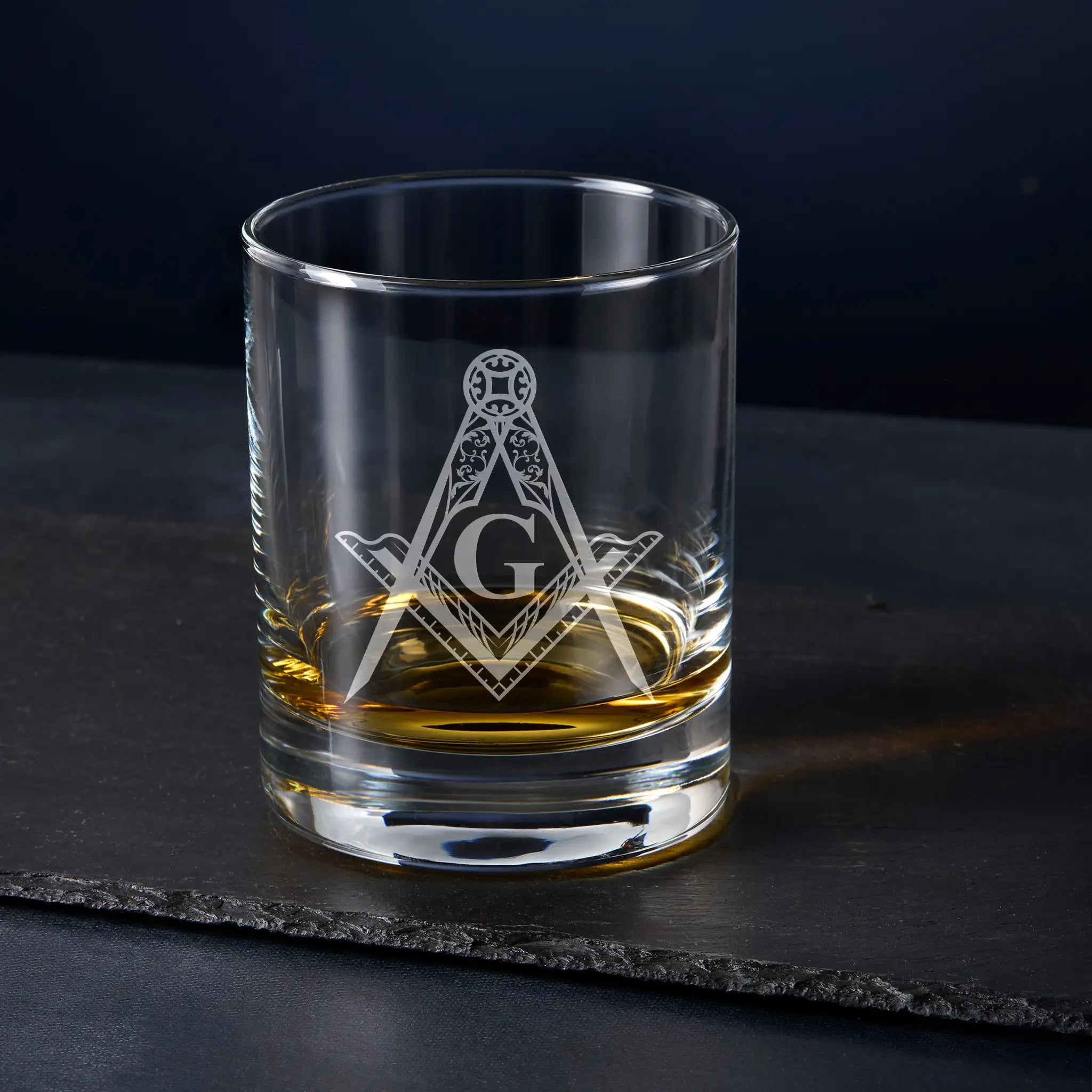 Whisky tumbler engraved with square and compass masonic symbol