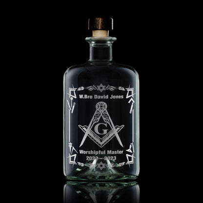 Decanter, masonic tools, square & compass, personalised worshipful master