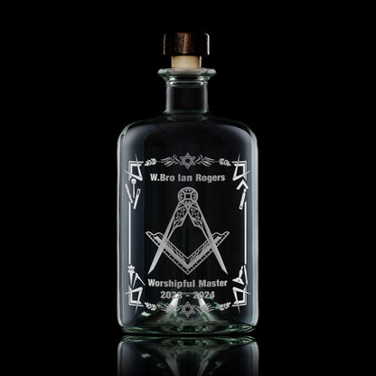 Masonic apothecary decanter with filigree Square & Compass, engraved on black background