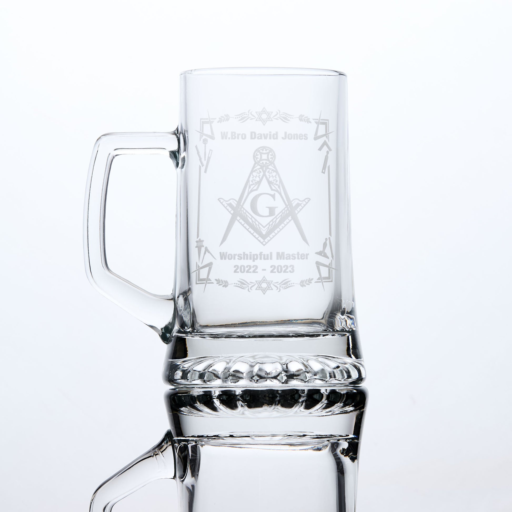 glass tankard engraved with masonic symbols