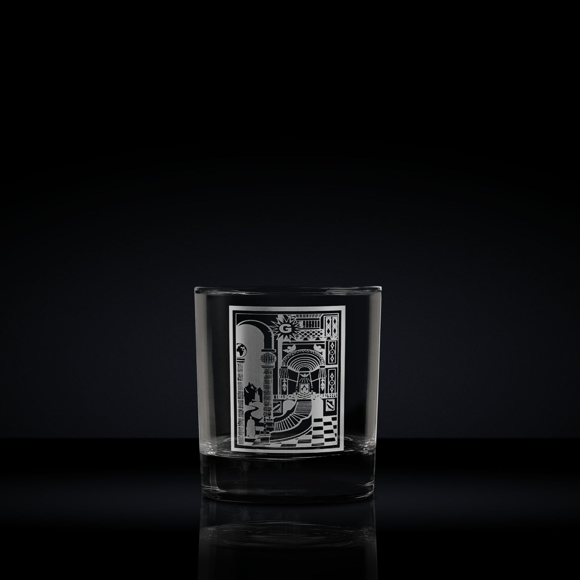 engraved whisky glass etched with masonic 2nd degree tracing board