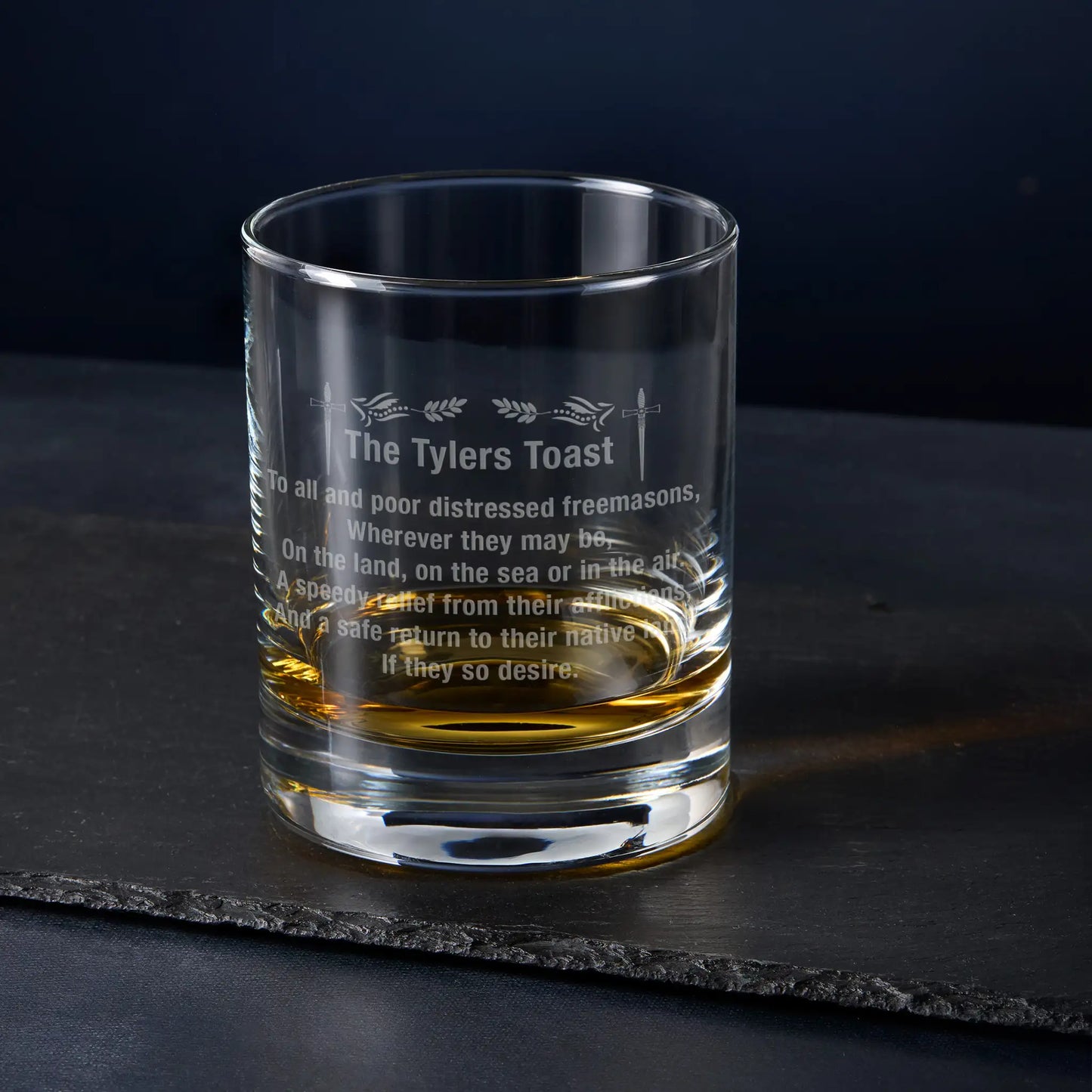 Masonic Whiskey Glass engraved with the Tyler's Toast and acacia leaves