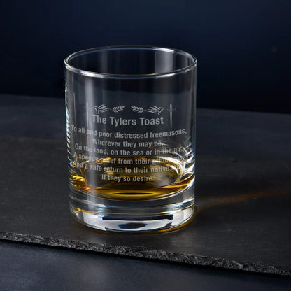 Masonic Whiskey Glass engraved with the Tyler's Toast and acacia leaves