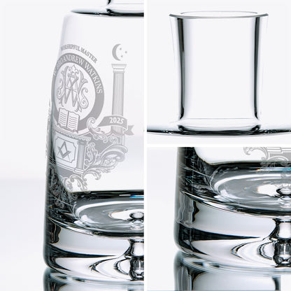 Closeup details of a Handmade Worshipful Master Masonic Decanter, showing inricate engraving of freemasonry symbols, square and compass, monogram and significant years