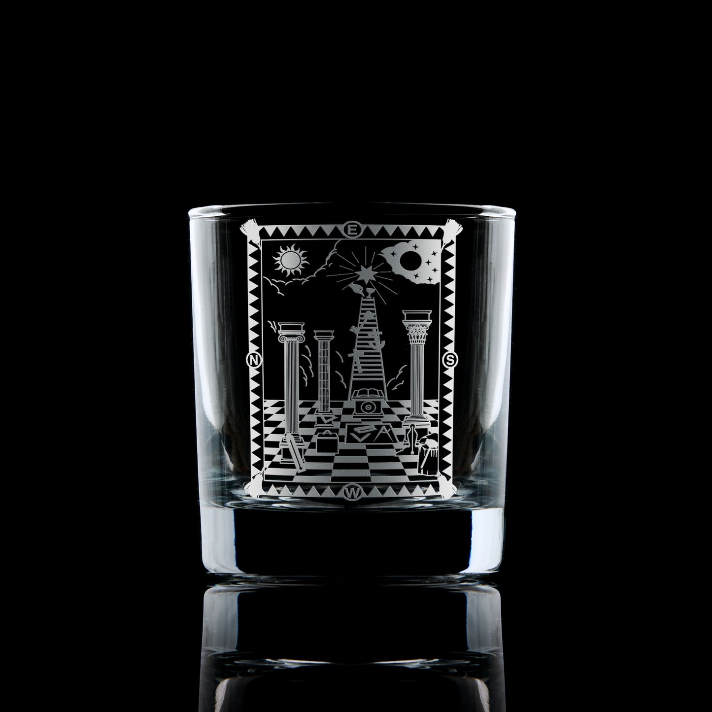Engraved whisky glass with 1st Degree Masonic Tracing Board design