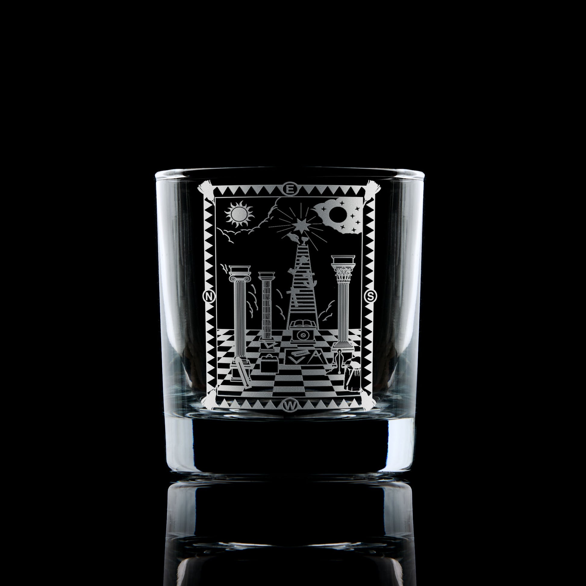 Engraved whisky glass with 1st Degree Masonic Tracing Board design