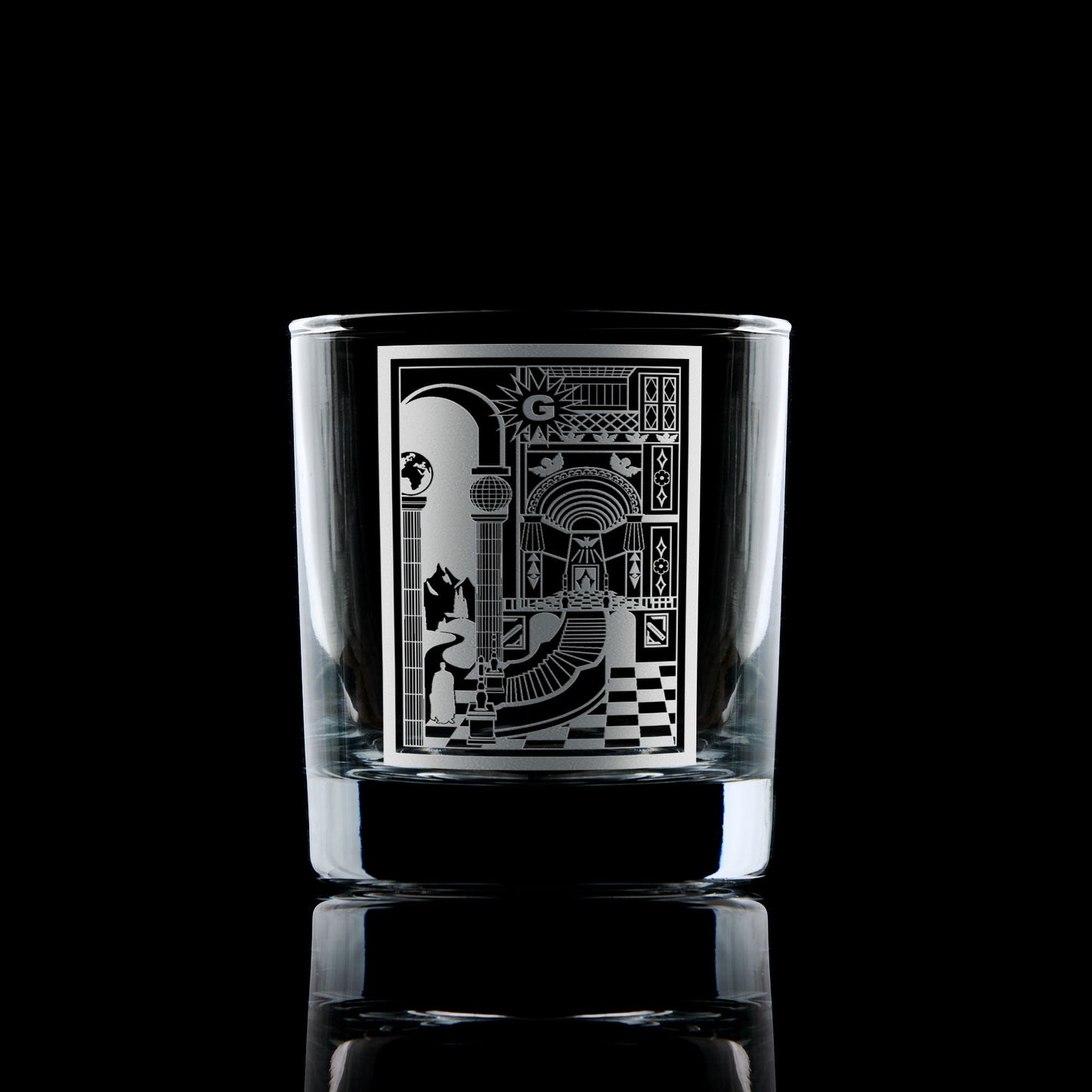Engraved whisky glass with 2nd Degree Masonic Tracing Board design