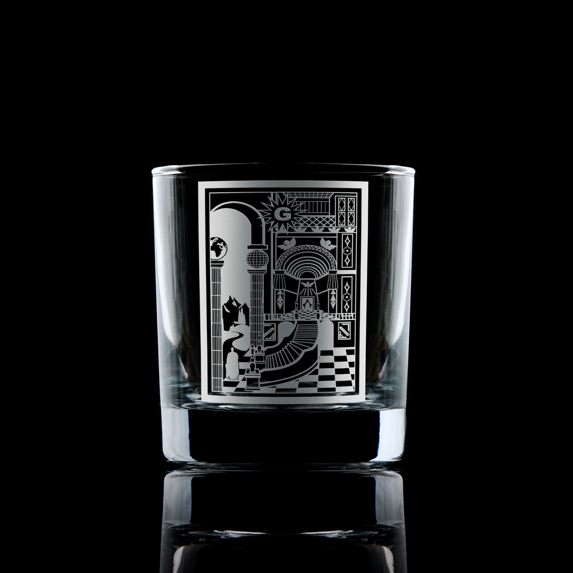 Engraved whisky glass with 2nd Degree Masonic Tracing Board design