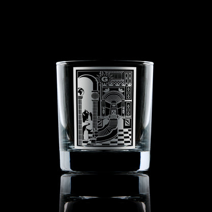 Engraved whisky glass with 2nd Degree Masonic Tracing Board design