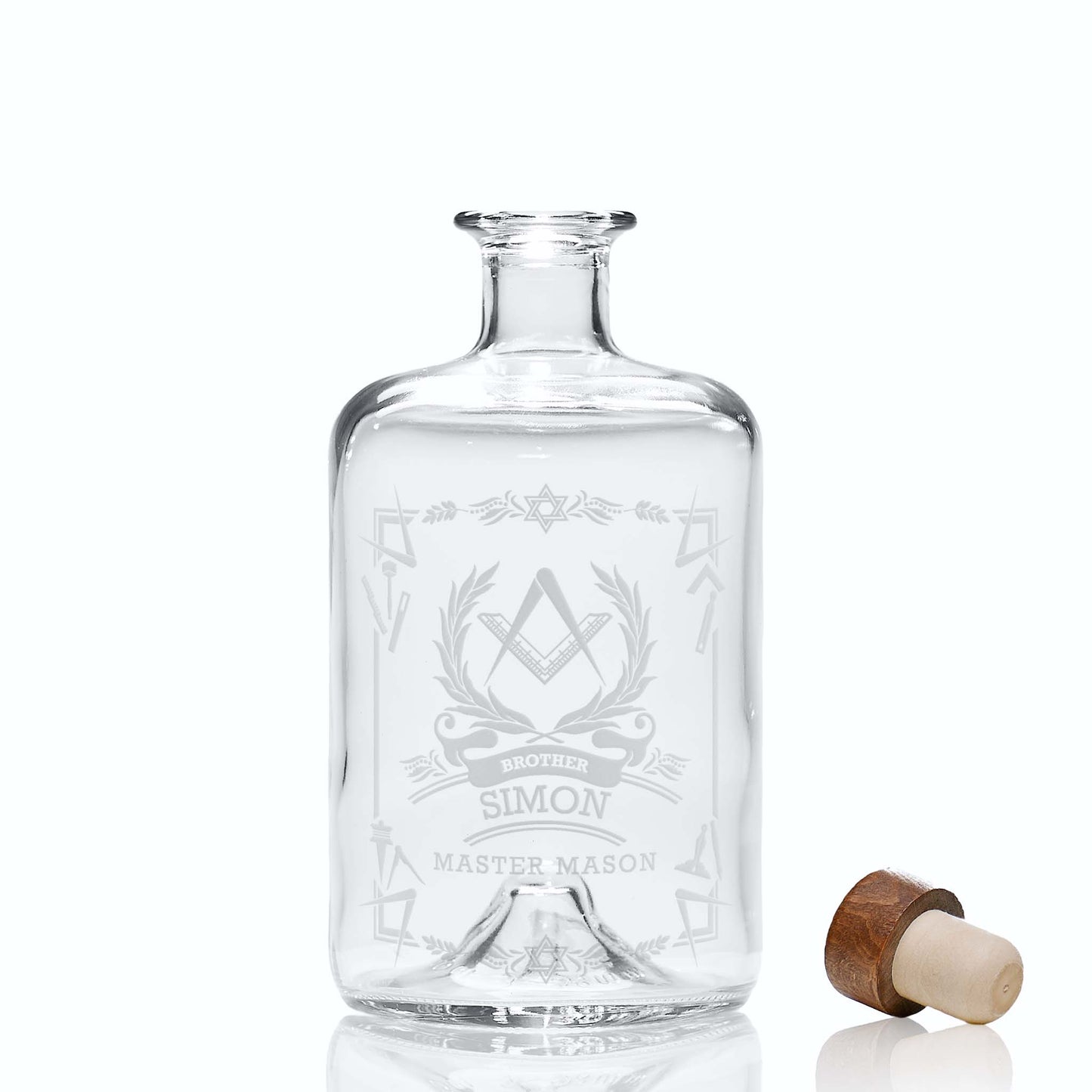 Apothecary style masonic decanter engraved with a 3rd Degree Master Mason Square & Compass on white background