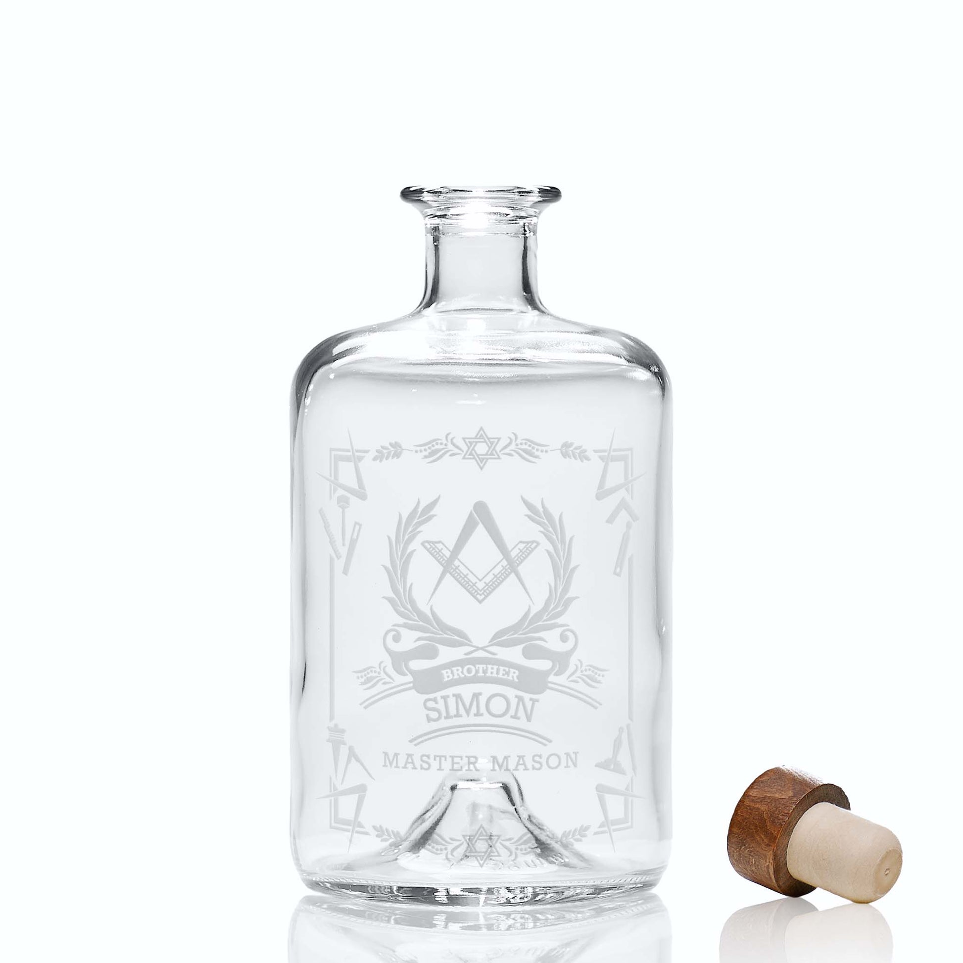 Apothecary style masonic decanter engraved with a 3rd Degree Master Mason Square & Compass on white background
