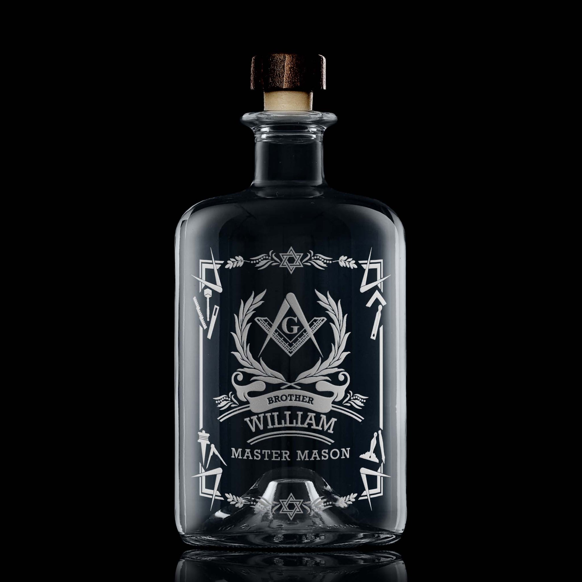 Apothecary style masonic decanter personalised with a 3rd Degree Master Mason Square & Compass on black background