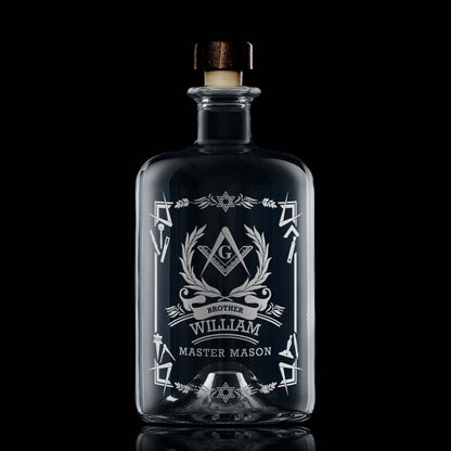 Apothecary style masonic decanter personalised with a 3rd Degree Master Mason Square & Compass on black background