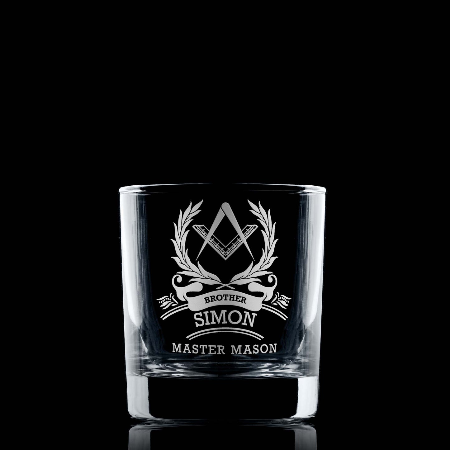Masonic Whisky glass engraved with a 3rd Degree Master Mason Square & Compass on black background
