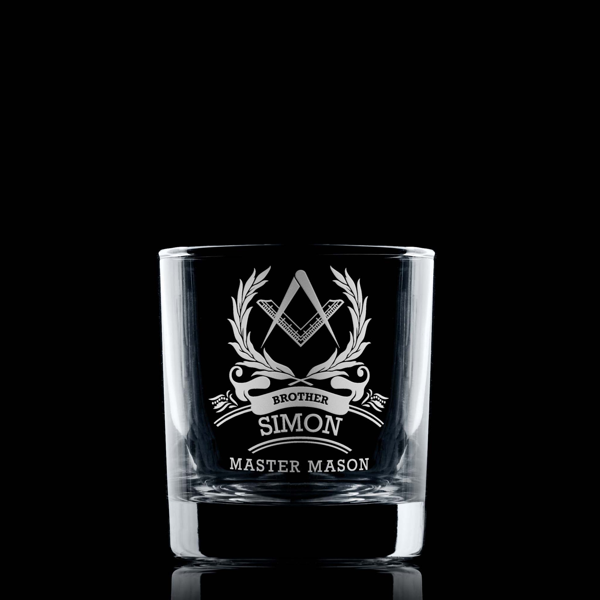 Masonic Whisky glass engraved with a 3rd Degree Master Mason Square & Compass on black background