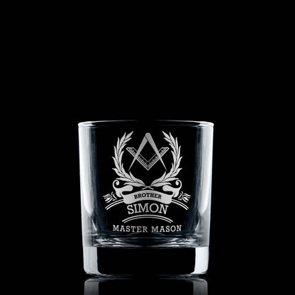 Masonic Whisky glass engraved with a 3rd Degree Master Mason Square & Compass on black background