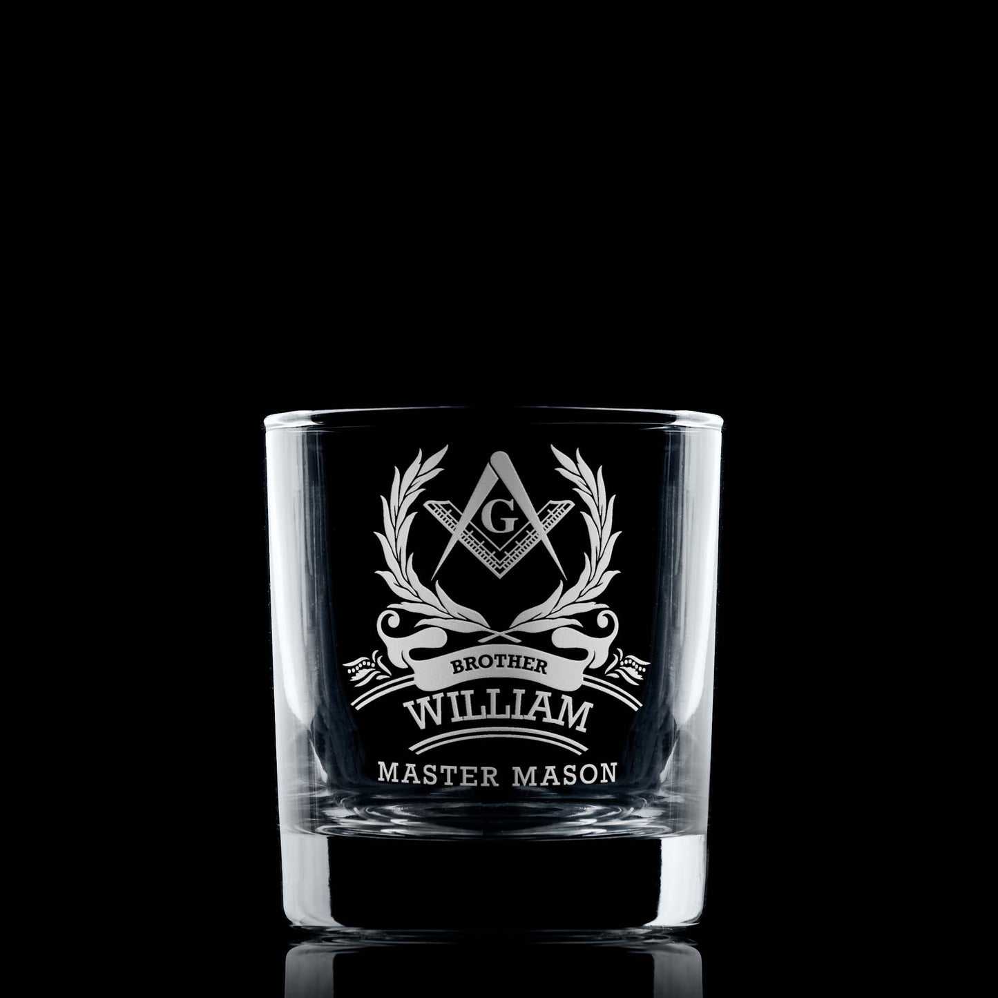 Personalised whisky glass engraved with a 3rd Degree Master Mason Square & Compass on black background
