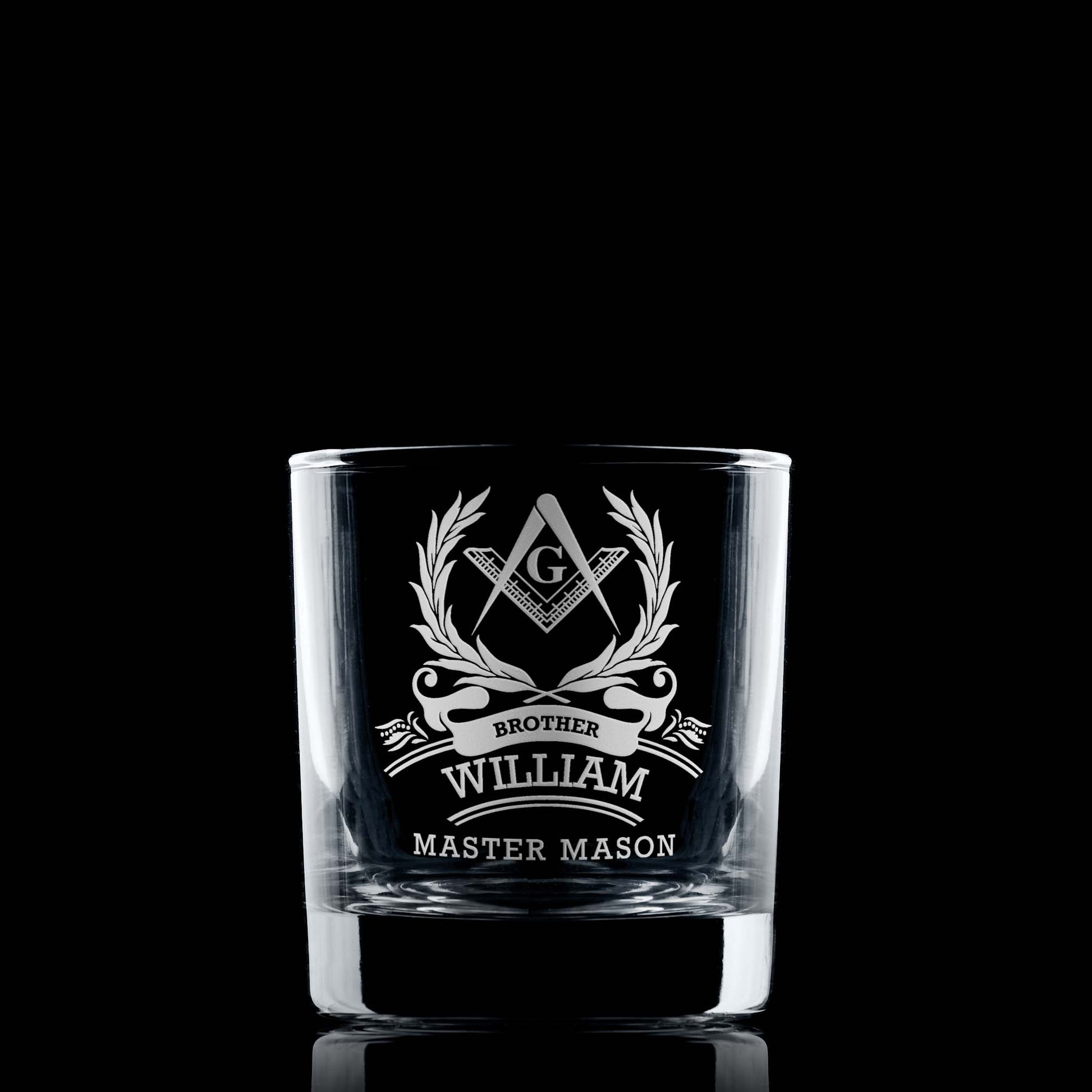 Personalised whisky glass engraved with a 3rd Degree Master Mason Square & Compass on black background