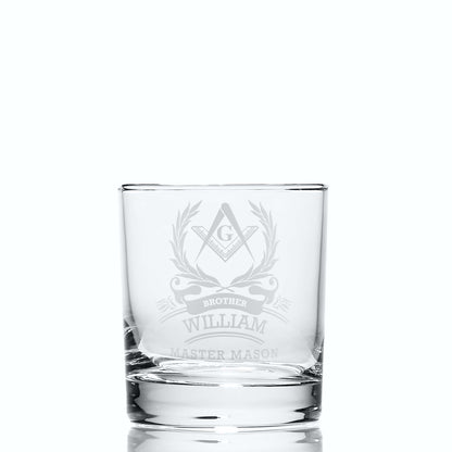 Personalised whisky glass engraved with a 3rd Degree Master Mason Square & Compass on white background