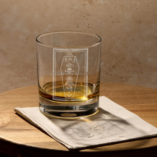 Glass of whisky engraved with the Masonic 3rd Degree Tracing Board design