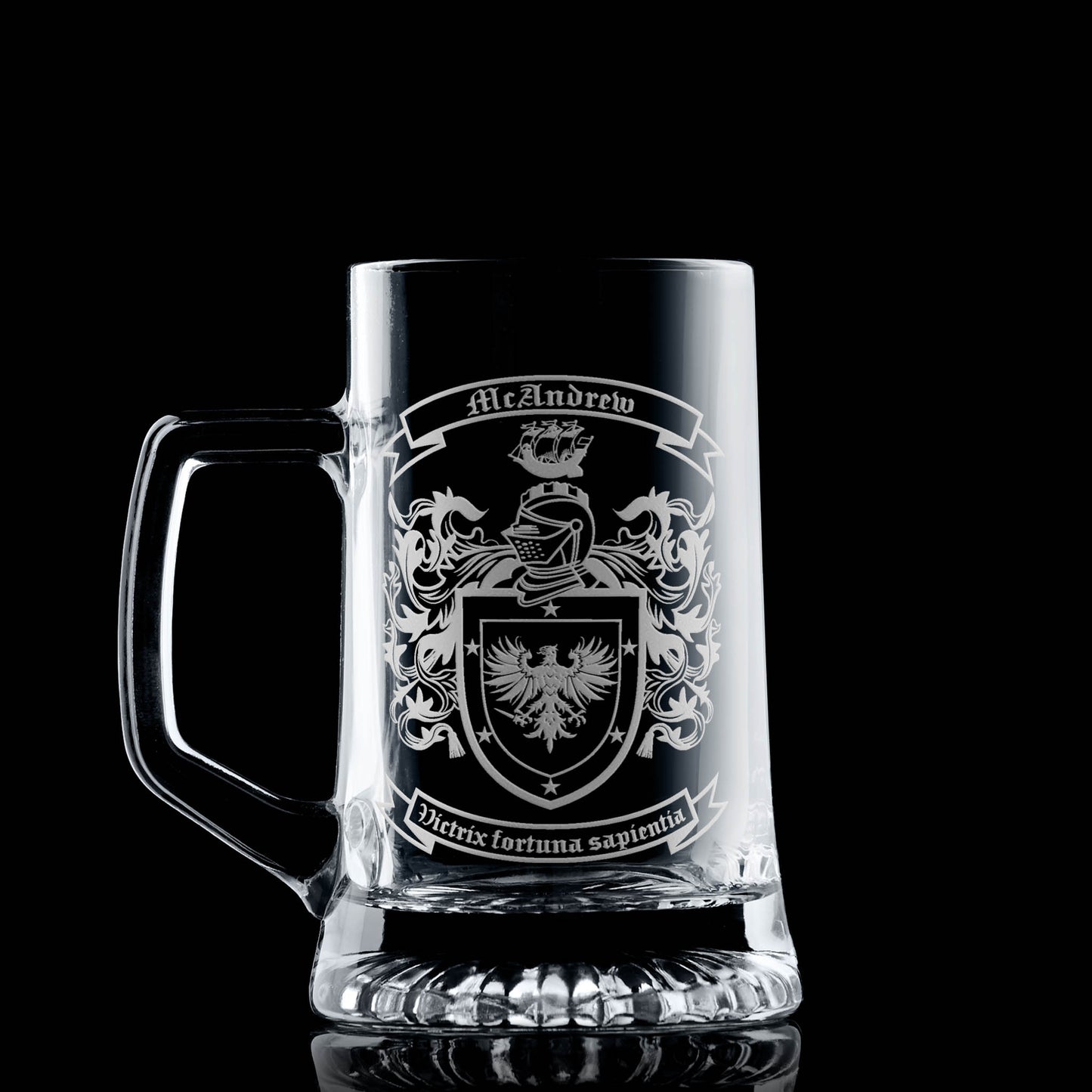 McAndrew beer tankard featuring the [Surname] coat of arms — hand-engraved in Scotland.