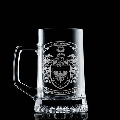 McAndrew beer tankard featuring the [Surname] coat of arms — hand-engraved in Scotland.